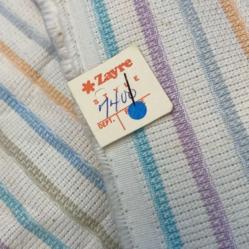 VINTAGE Fabric Remnant Approx 70”x60” White w Pastel Stripes ZAYRE